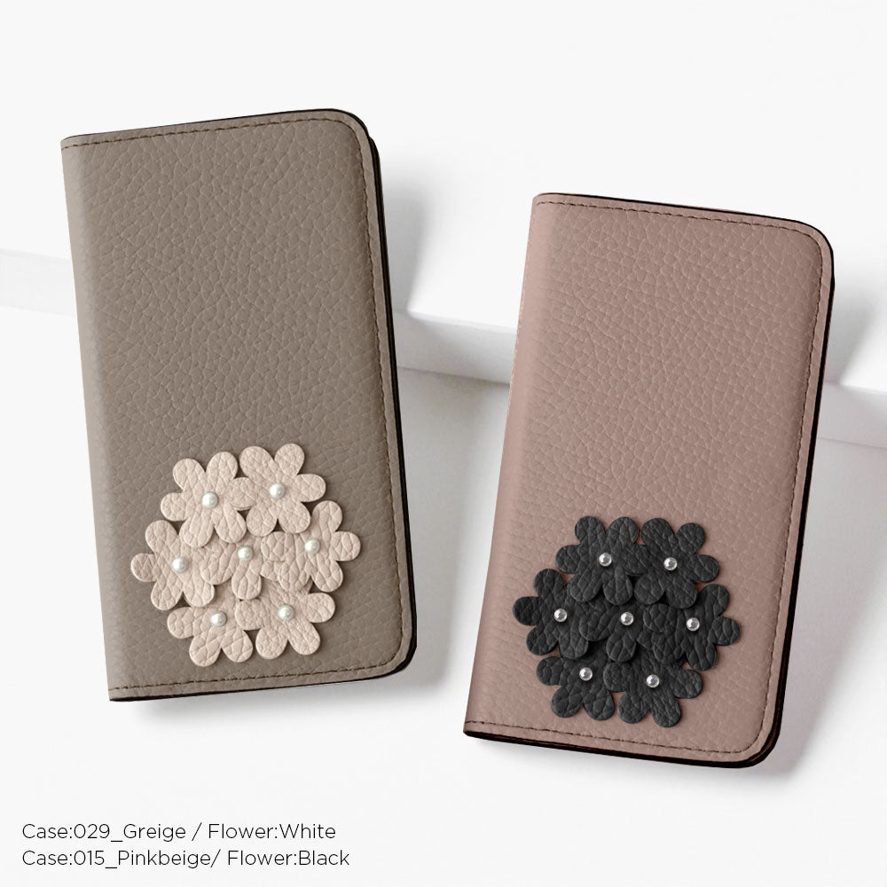 本革 32色 イタリアンシュリンクレザー あじさいモチーフ 手帳型ケース AQUOSシリーズ
