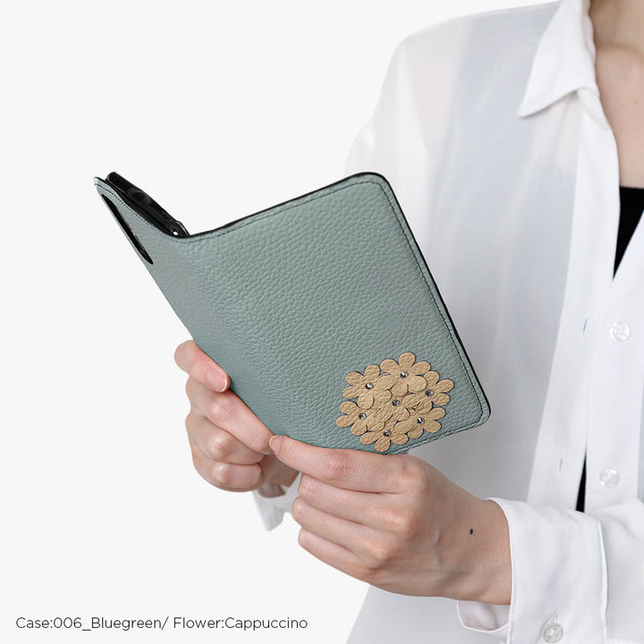 本革 32色 イタリアンシュリンクレザー あじさいモチーフ 手帳型ケース Galaxyシリーズ