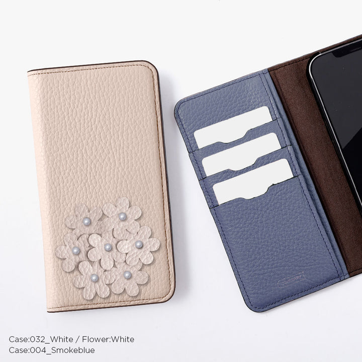 本革 32色 イタリアンシュリンクレザー あじさいモチーフ 手帳型ケース iPhoneシリーズ