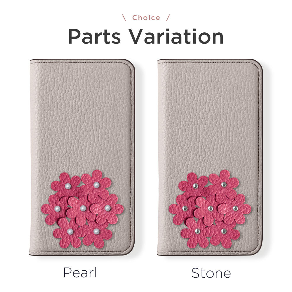 本革 32色 イタリアンシュリンクレザー あじさいモチーフ 手帳型ケース Galaxyシリーズ