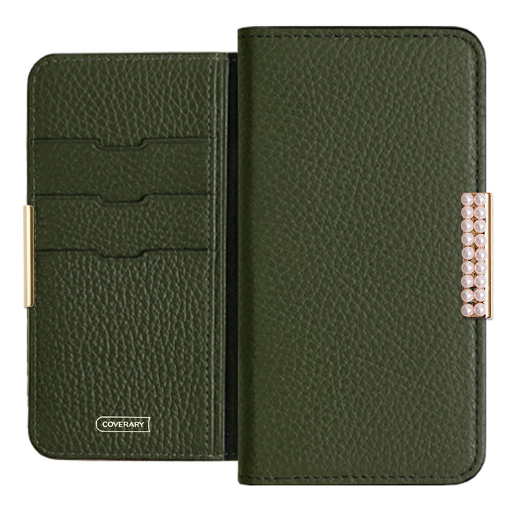 Cuir véritable 32 couleurs Cuir italien grainé Cadre perlé décor Étui portefeuille