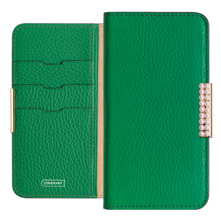 Cuir véritable 32 couleurs Cuir italien grainé Cadre perlé décor Étui portefeuille