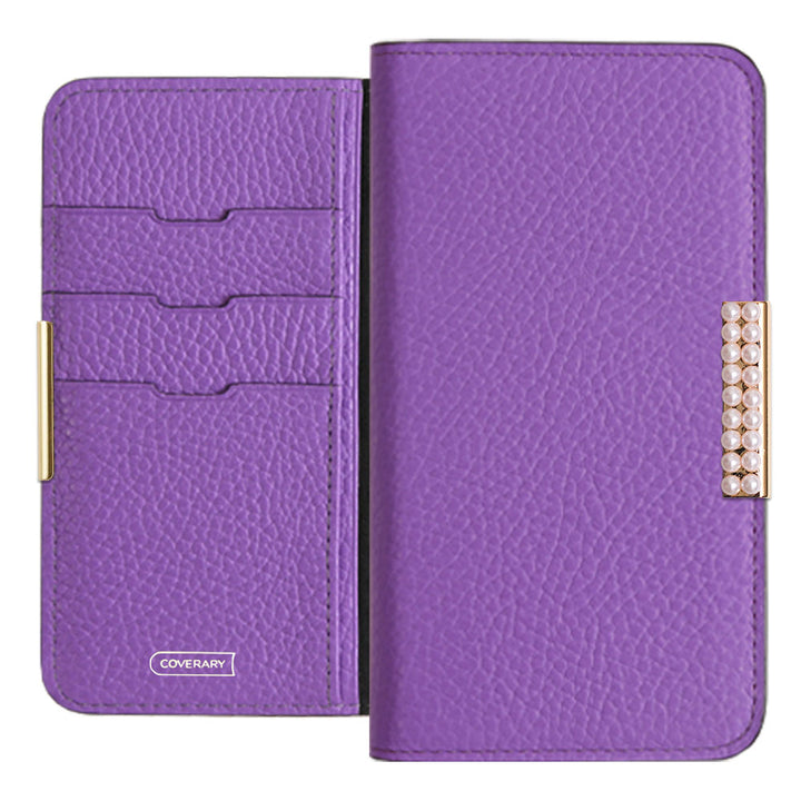 Cuir véritable 32 couleurs Cuir italien grainé Cadre perlé décor Étui portefeuille