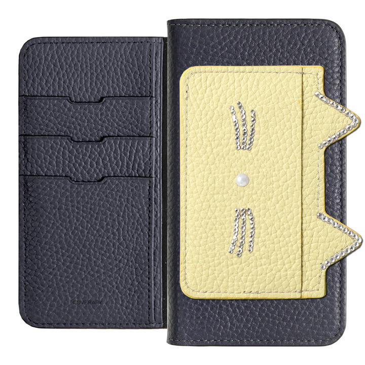 Genuine Leather 32 Colors Italian Shrink Leather Cat Ear Pocket &amp; Face Stone Decor Notebook Case for Xperia Series