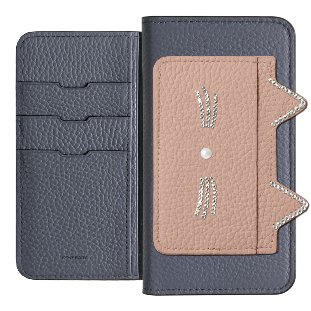 Genuine Leather 32 Colors Italian Shrink Leather Cat Ear Pocket &amp; Face Stone Decor Notebook Case AQUOS Series