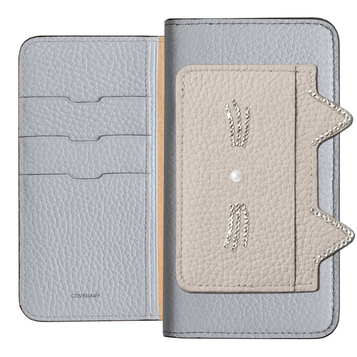 Genuine Leather 32 Colors Italian Shrink Leather Cat Ear Pocket &amp; Face Stone Decor Notebook Case for Xperia Series