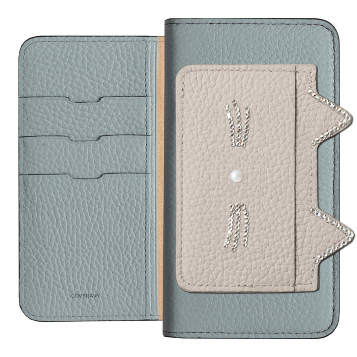 Genuine Leather 32 Colors Italian Shrink Leather Cat Ear Pocket &amp; Face Stone Decor Notebook Case for Xperia Series