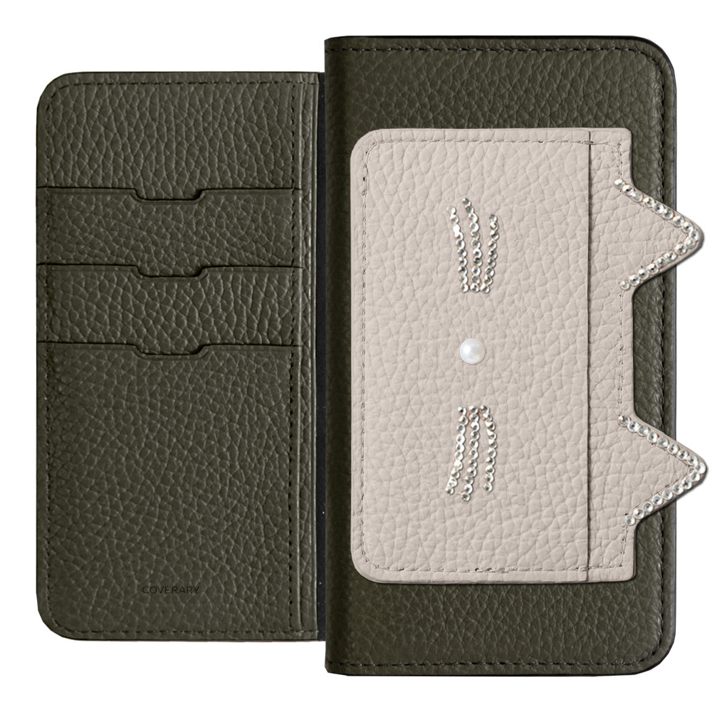 Genuine Leather 32 Colors Italian Shrink Leather Cat Ear Pocket &amp; Face Stone Decor Notebook Case for Xperia Series
