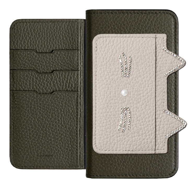 Genuine Leather 32 Colors Italian Shrink Leather Cat Ear Pocket &amp; Face Stone Decor Notebook Case for Xperia Series