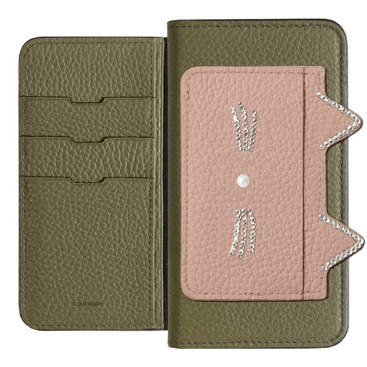 Genuine Leather 32 Colors Italian Shrink Leather Cat Ear Pocket &amp; Face Stone Decor Notebook Case for Xperia Series