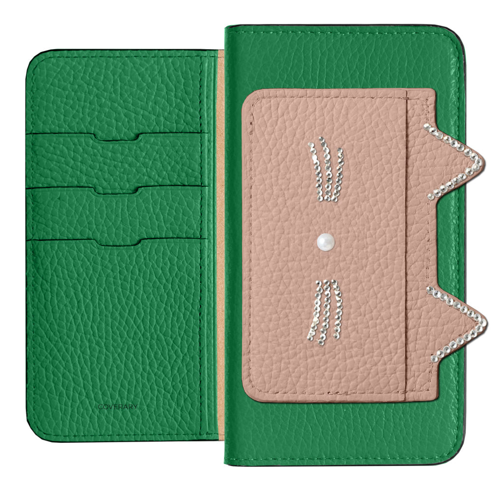 Genuine Leather 32 Colors Italian Shrink Leather Cat Ear Pocket &amp; Face Stone Decor Notebook Case for Xperia Series