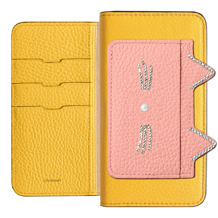 Genuine Leather 32 Colors Italian Shrink Leather Cat Ear Pocket &amp; Face Stone Decor Notebook Case AQUOS Series