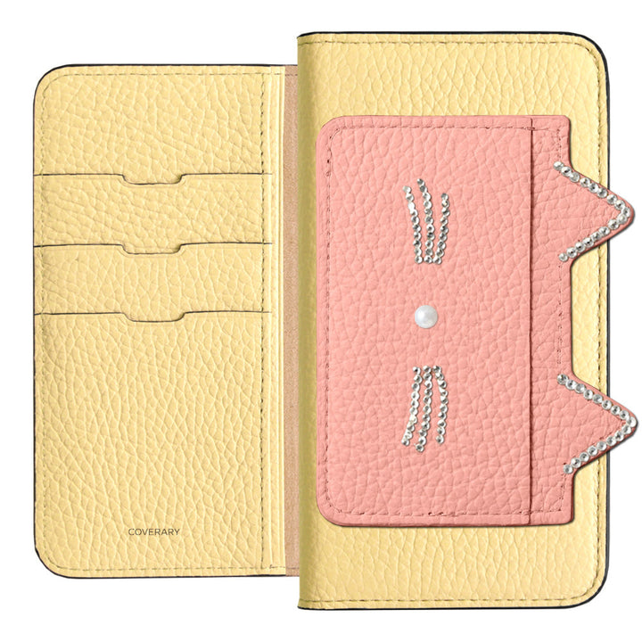 Genuine Leather 32 Colors Italian Shrink Leather Cat Ear Pocket &amp; Face Stone Decor Notebook Case AQUOS Series