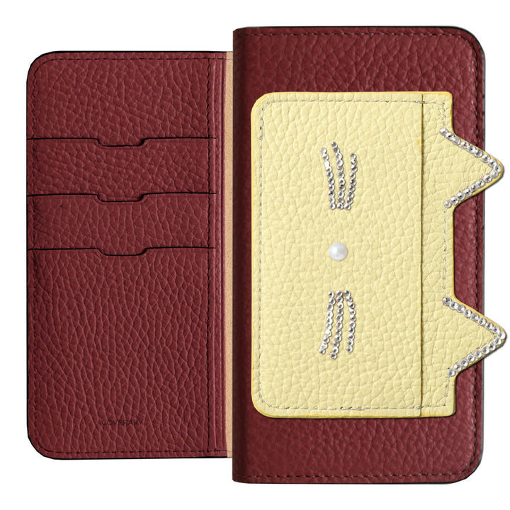 Genuine Leather 32 Colors Italian Shrink Leather Cat Ear Pocket &amp; Face Stone Decor Notebook Case for Xperia Series