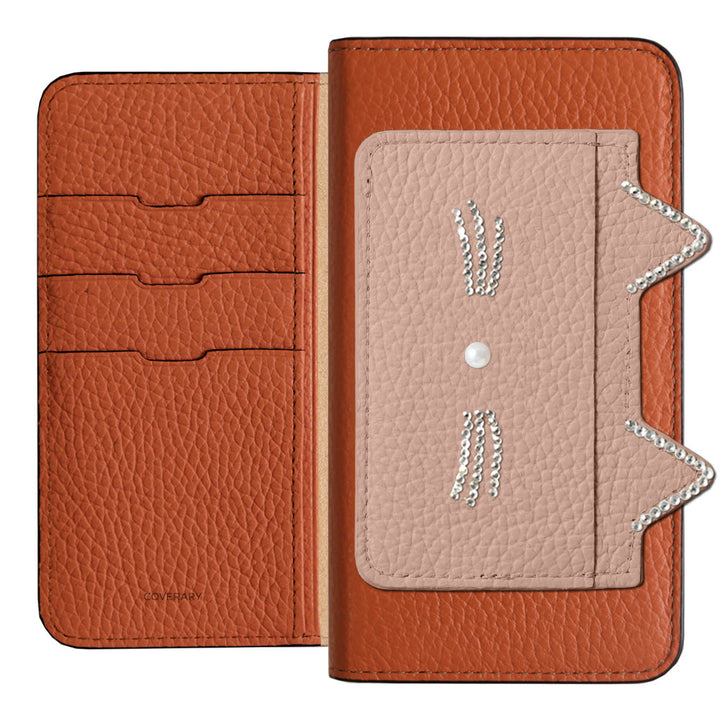 Genuine Leather 32 Colors Italian Shrink Leather Cat Ear Pocket &amp; Face Stone Decor Notebook Case for Xperia Series