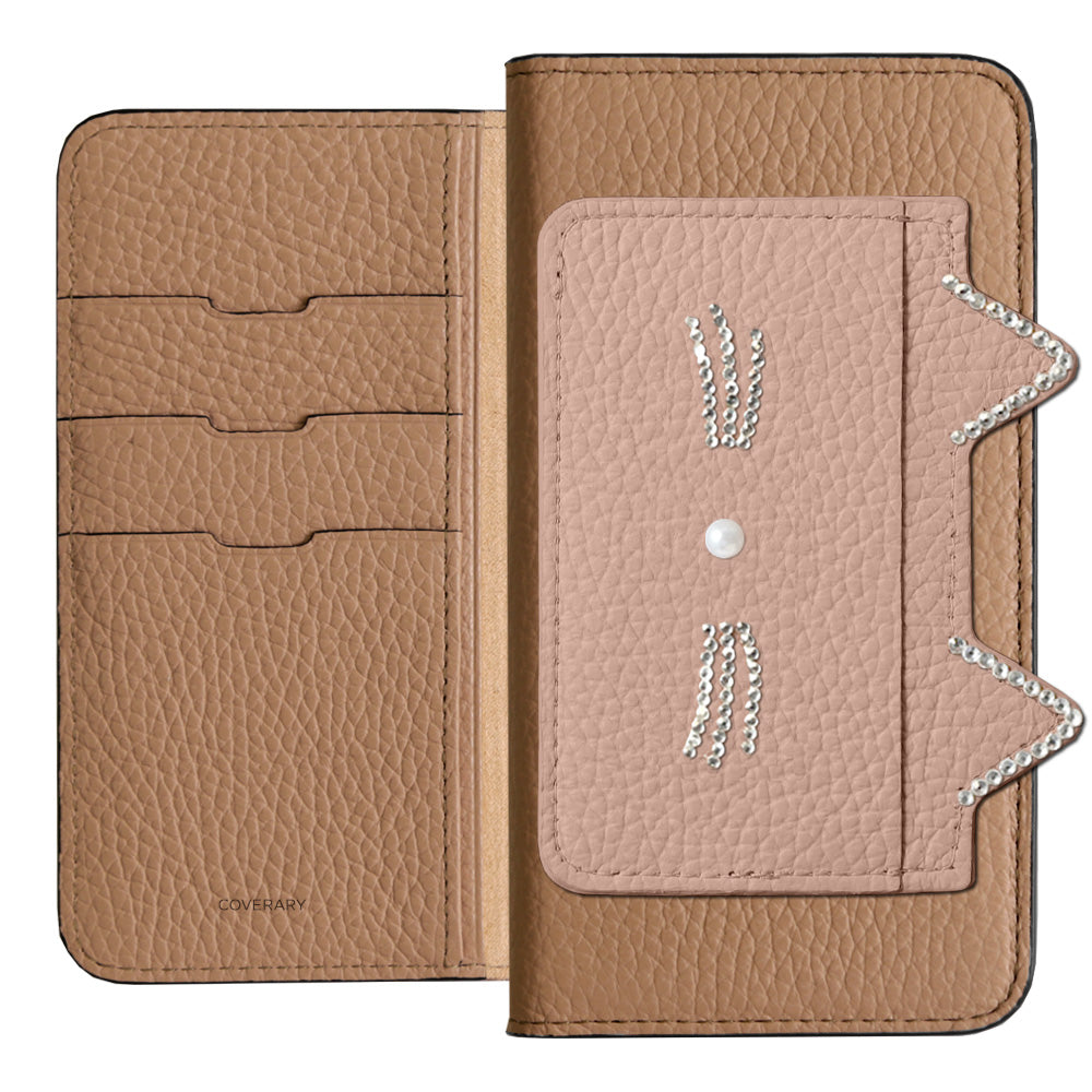 Genuine Leather 32 Colors Italian Shrink Leather Cat Ear Pocket &amp; Face Stone Decor Notebook Case AQUOS Series