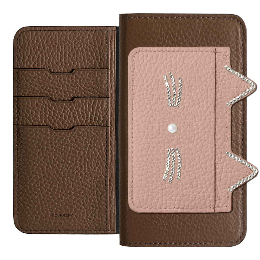 Genuine Leather 32 Colors Italian Shrink Leather Cat Ear Pocket &amp; Face Stone Decor Notebook Case AQUOS Series
