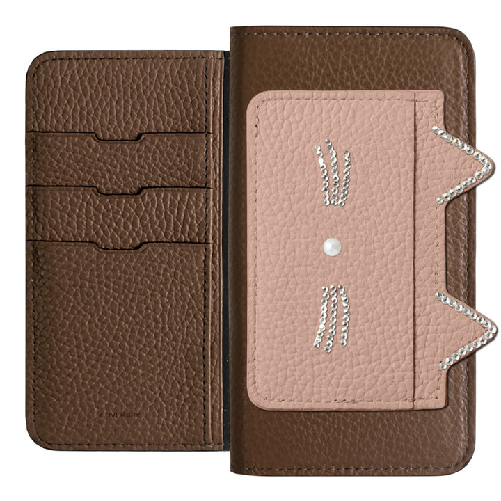 Genuine Leather 32 Colors Italian Shrink Leather Cat Ear Pocket &amp; Face Stone Decor Notebook Case AQUOS Series