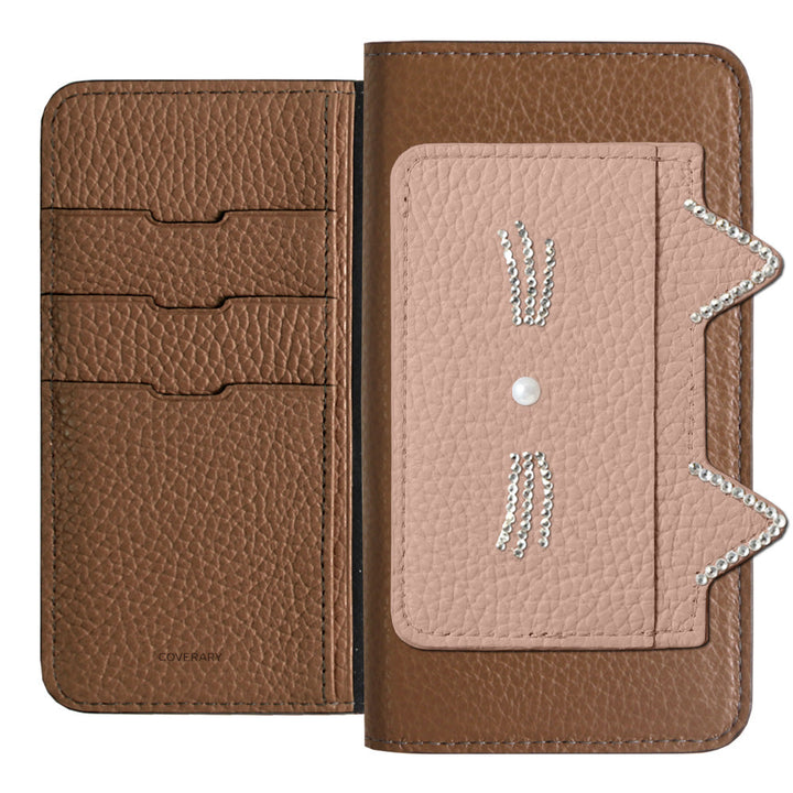 Genuine Leather 32 Colors Italian Shrink Leather Cat Ear Pocket &amp; Face Stone Decor Notebook Case for Xperia Series