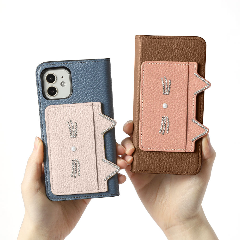 Genuine Leather 32 Colors Italian Shrink Leather Cat Ear Pocket &amp; Face Stone Decor Notebook Case AQUOS Series