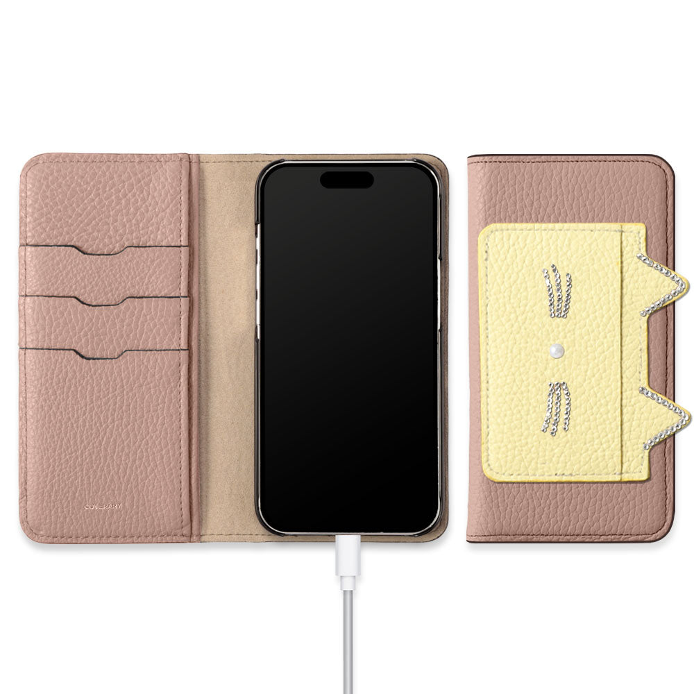Genuine Leather 32 Colors Italian Shrink Leather Cat Ear Pocket &amp; Face Stone Decor Notebook Case for Xperia Series