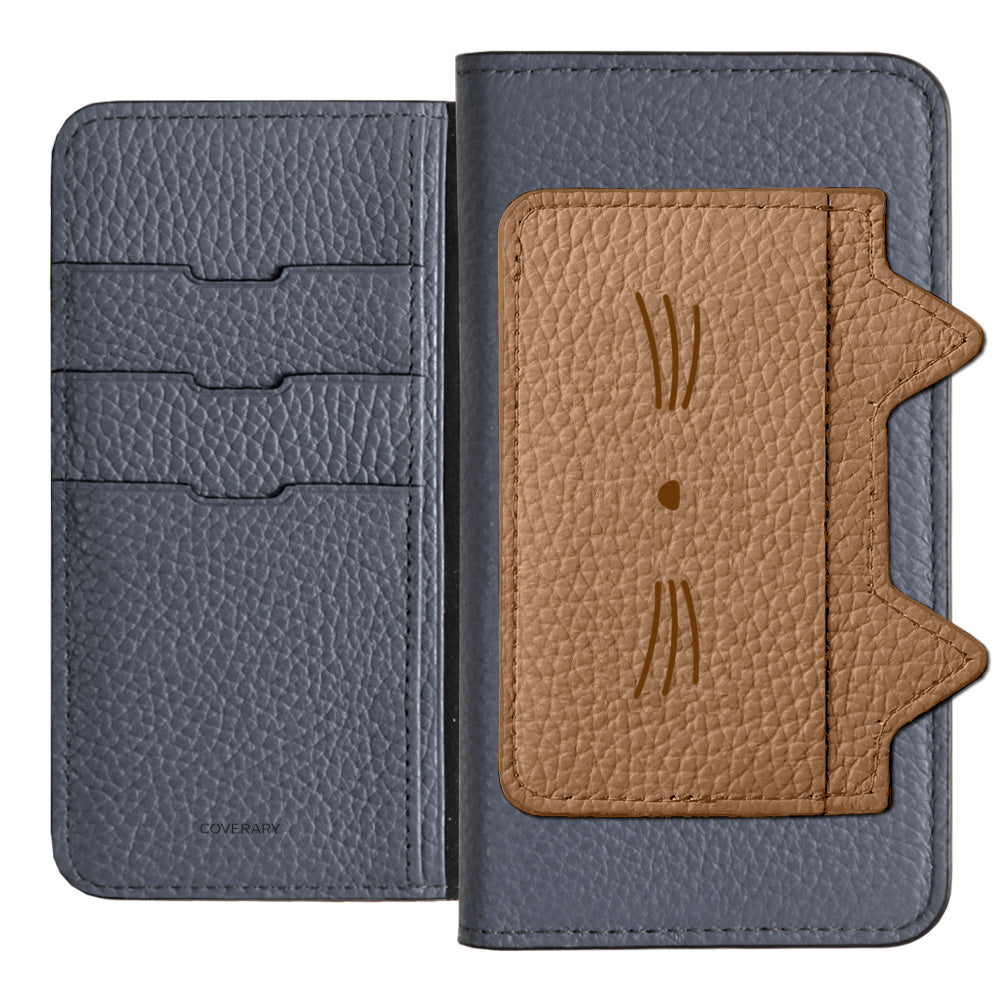 Étui portefeuille en cuir véritable italien grainé 32 couleurs avec poche oreilles de chat et impression visage pour la série AQUOS