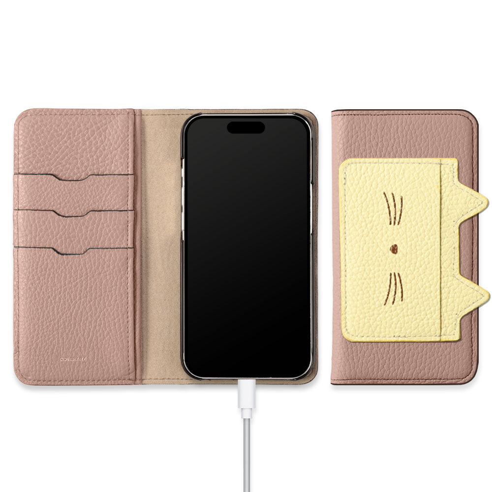 Étui portefeuille en cuir véritable italien grainé 32 couleurs avec poche oreilles de chat et impression visage pour la série AQUOS