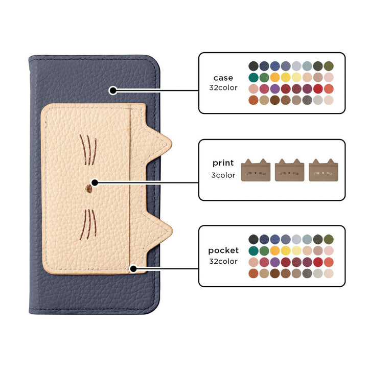 Étui portefeuille en cuir véritable italien grainé 32 couleurs avec poche oreilles de chat et impression visage pour la série AQUOS