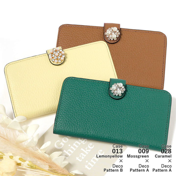 Genuine leather 32 colors Italian shrink leather crystal pearl deco notebook-style case (with belt)