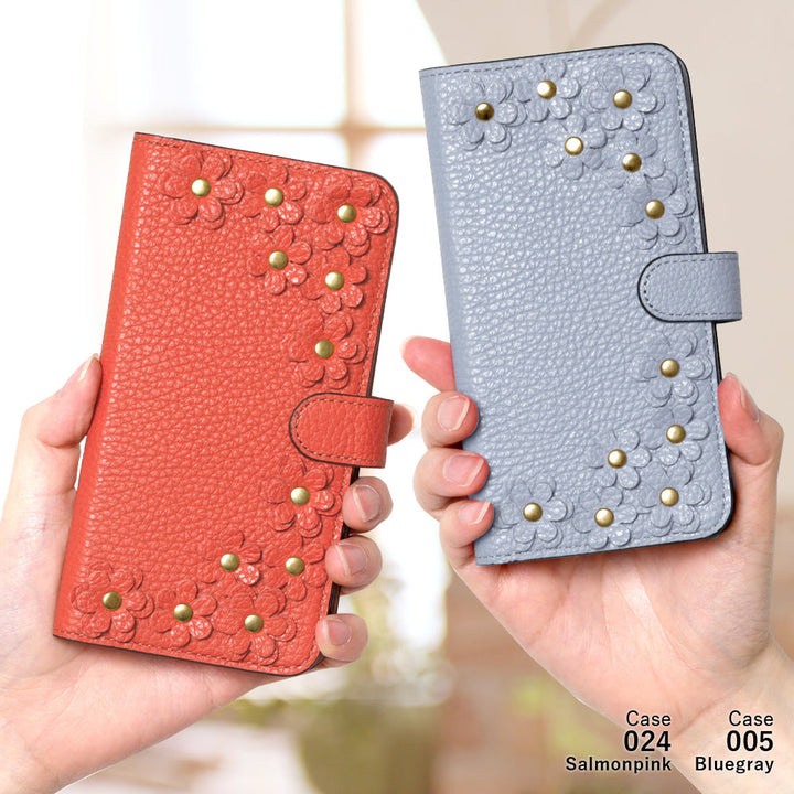 Genuine leather 32 colors Italian shrink leather flower motif notebook-style case (with belt) Xperia series