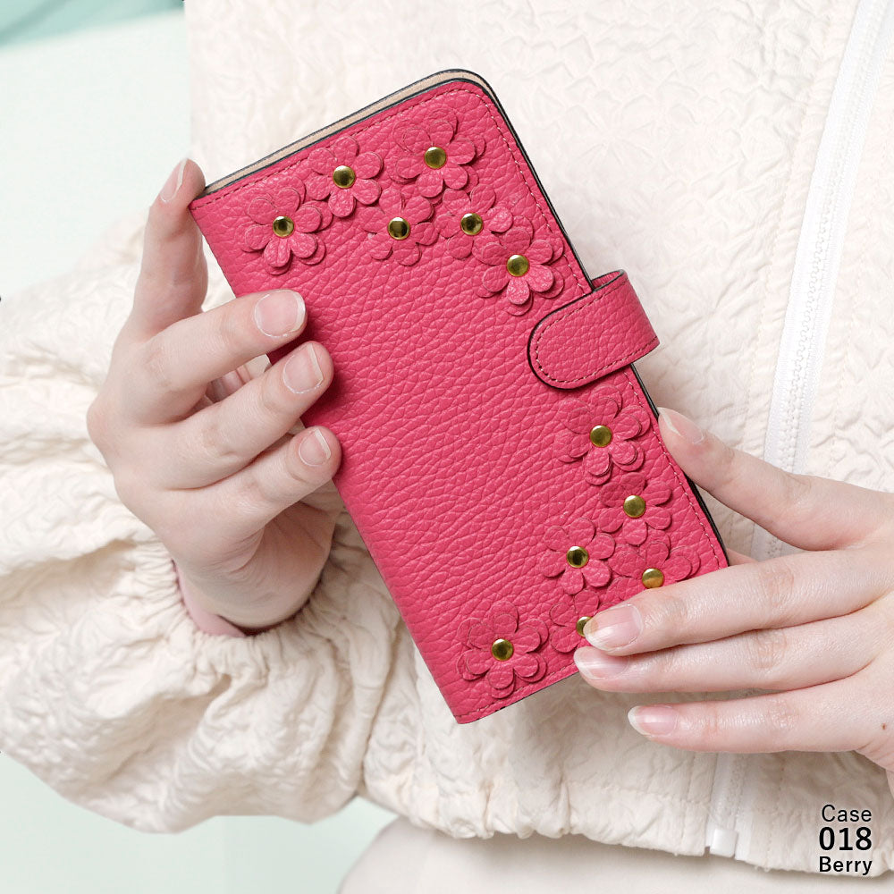 Genuine leather 32 colors Italian shrink leather flower motif notebook-style case (with belt)