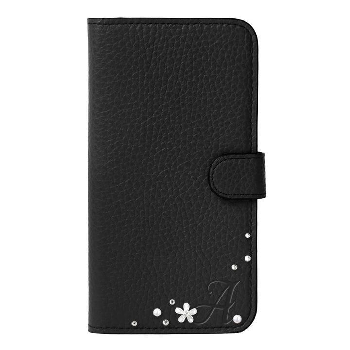 本革 32色 イタリアンシュリンクレザー イニシャル フラワーデコ 手帳型ケース（ベルトあり）Xperiaシリーズ