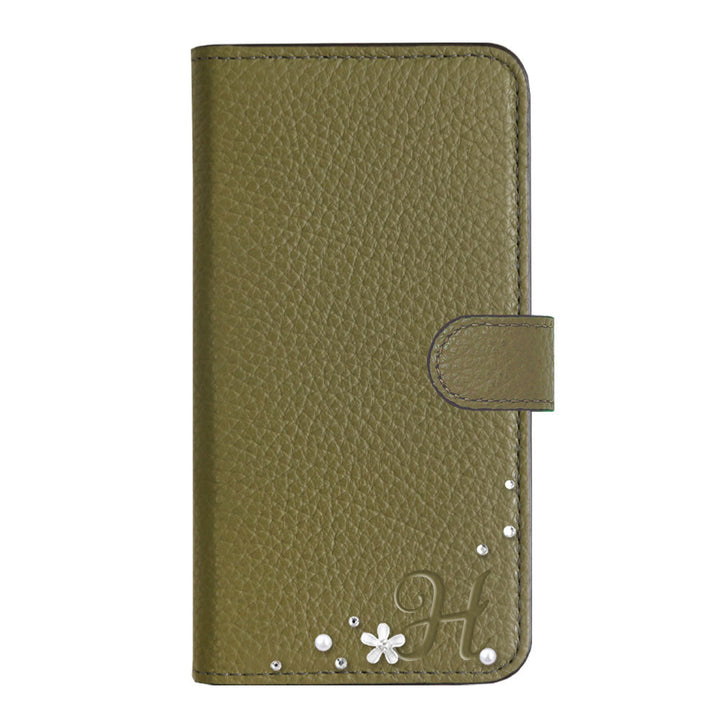 Genuine leather 32 colors Italian shrink leather initial flower decoration notebook-style case (with belt) iPhone series