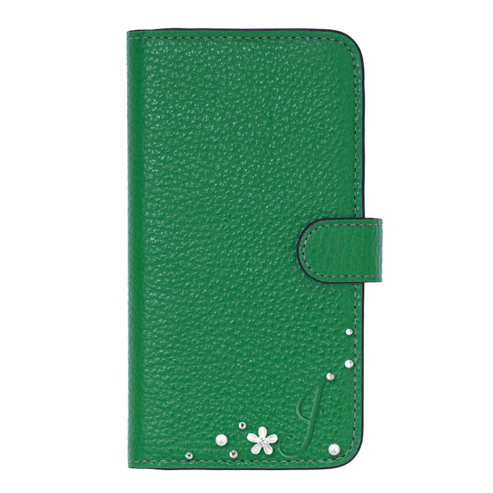 Genuine leather 32 colors Italian shrink leather initial flower decoration notebook-style case (with belt) iPhone series