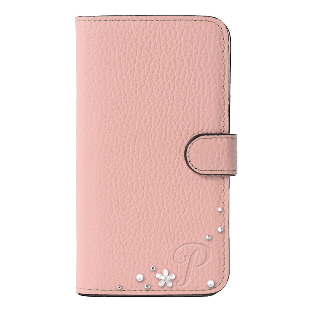 Genuine leather 32 colors Italian shrink leather initial flower decoration notebook-style case (with belt) iPhone series