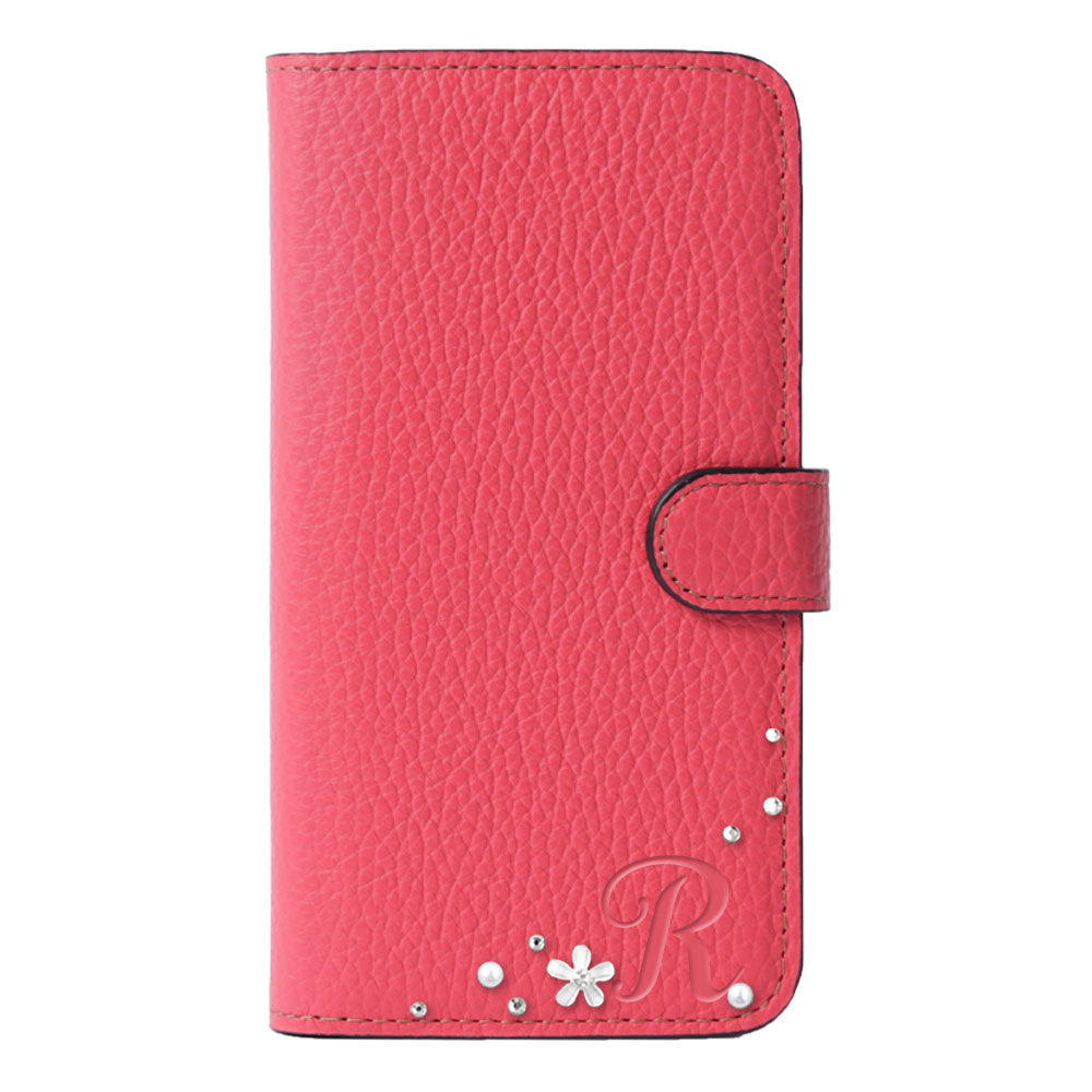 Genuine leather 32 colors Italian shrink leather initial flower decoration notebook-style case (with belt) iPhone series
