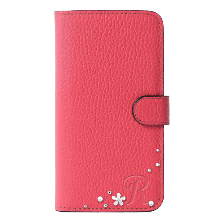 Genuine leather 32 colors Italian shrink leather initial flower decoration notebook-style case (with belt) iPhone series