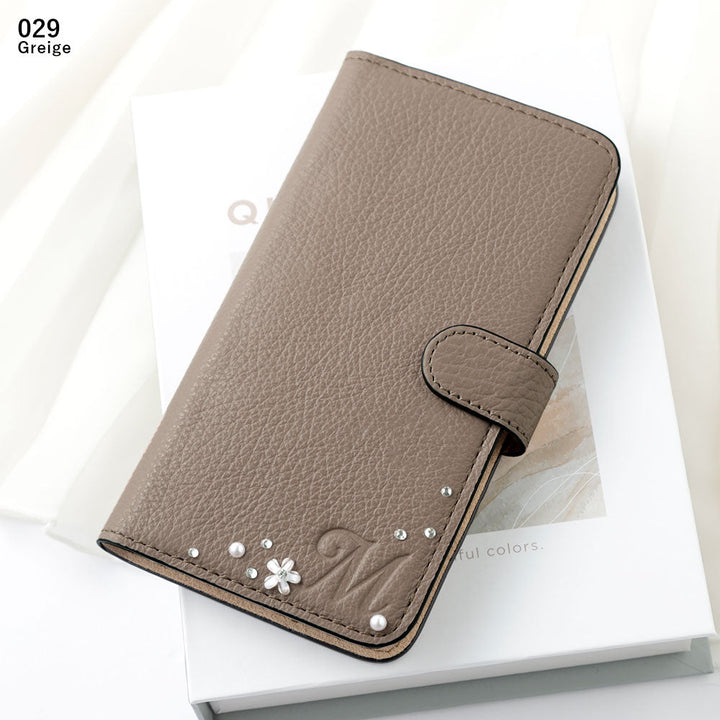 Genuine leather 32 colors Italian shrink leather initial flower decoration notebook-style case (with belt) iPhone series