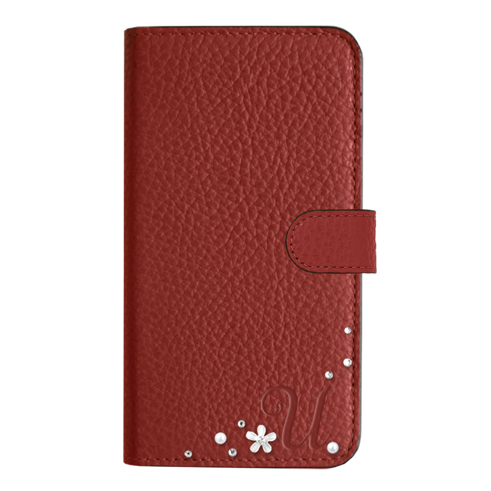 Genuine leather 32 colors Italian shrink leather initial flower decoration notebook-style case (with belt) iPhone series