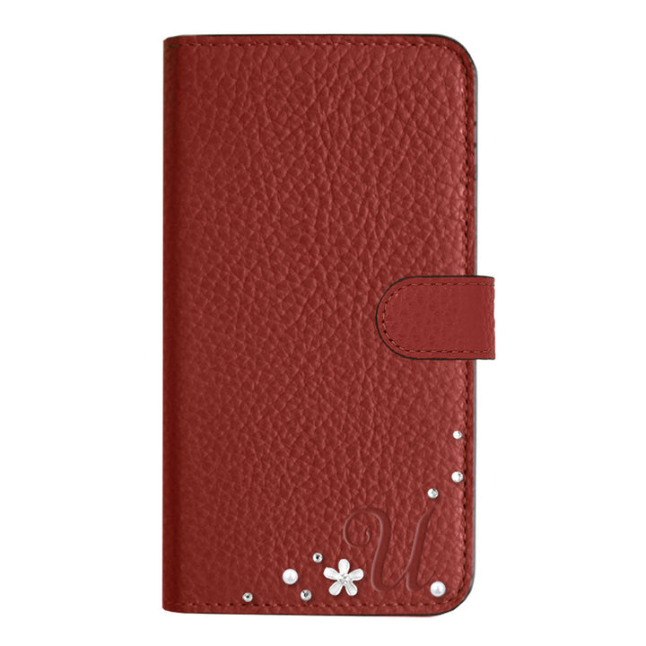 Genuine leather 32 colors Italian shrink leather initial flower decoration notebook-style case (with belt) iPhone series