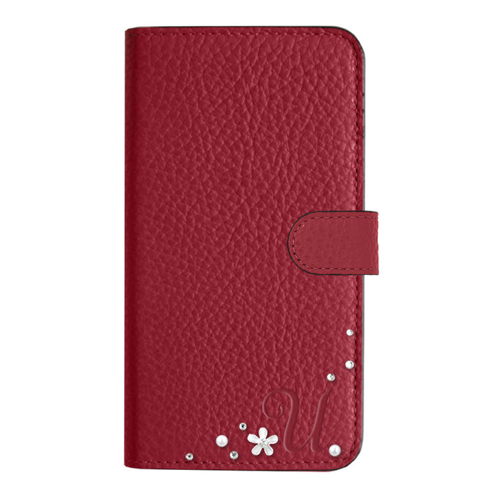 Genuine leather 32 colors Italian shrink leather initial flower decoration notebook-style case (with belt) iPhone series