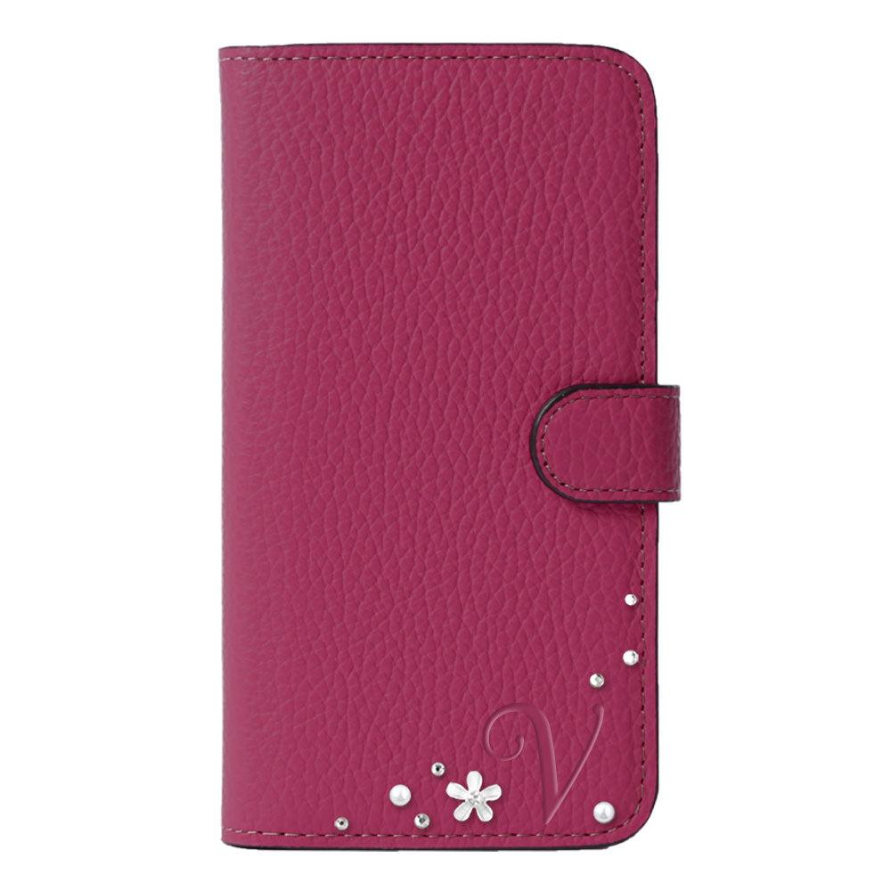 Genuine leather 32 colors Italian shrink leather initial flower decoration notebook-style case (with belt) iPhone series