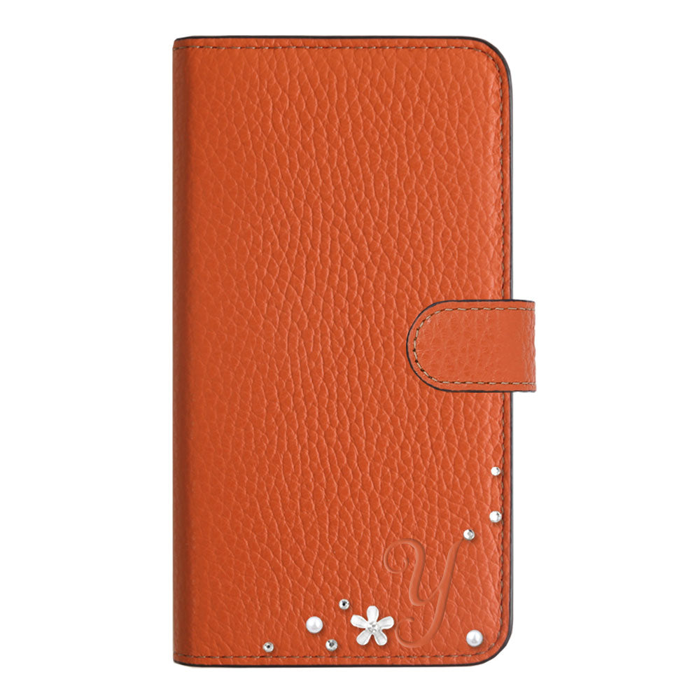 Genuine leather 32 colors Italian shrink leather initial flower decoration notebook-style case (with belt) iPhone series