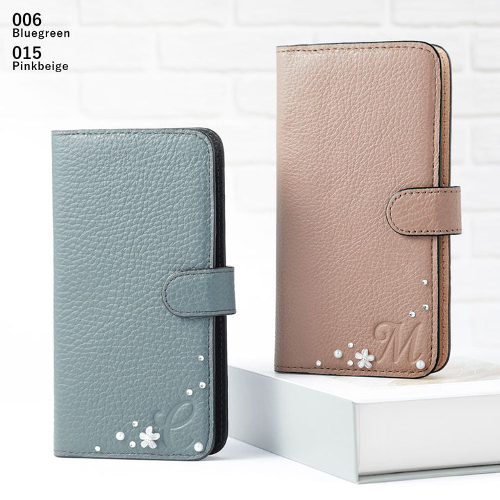 Genuine leather 32 colors Italian shrink leather initial flower decoration notebook-style case (with belt) iPhone series