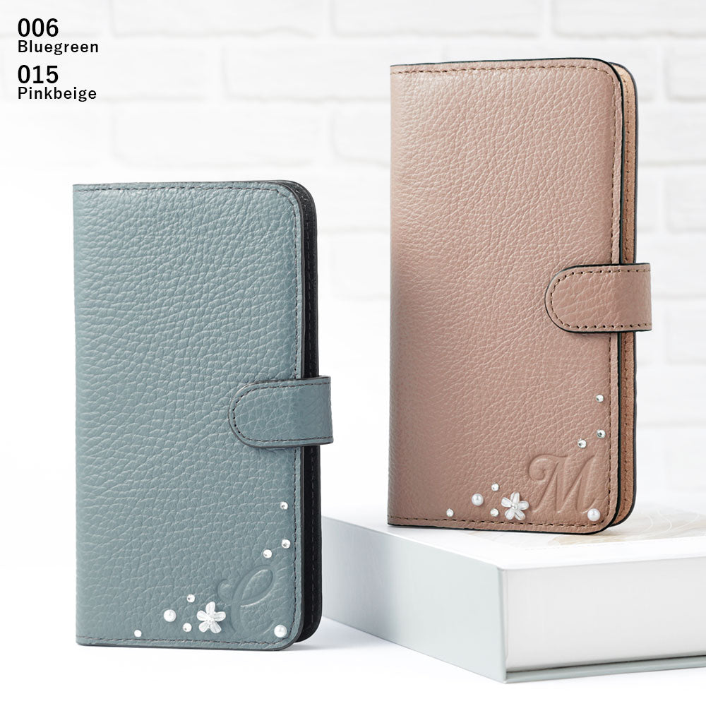 Genuine leather 32 colors Italian shrink leather initial flower deco notebook-style case (with belt) AQUOS series