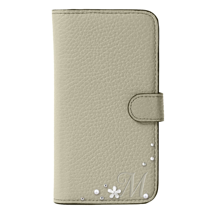 Genuine leather 32 colors Italian shrink leather initial flower decoration notebook-style case (with belt) iPhone series