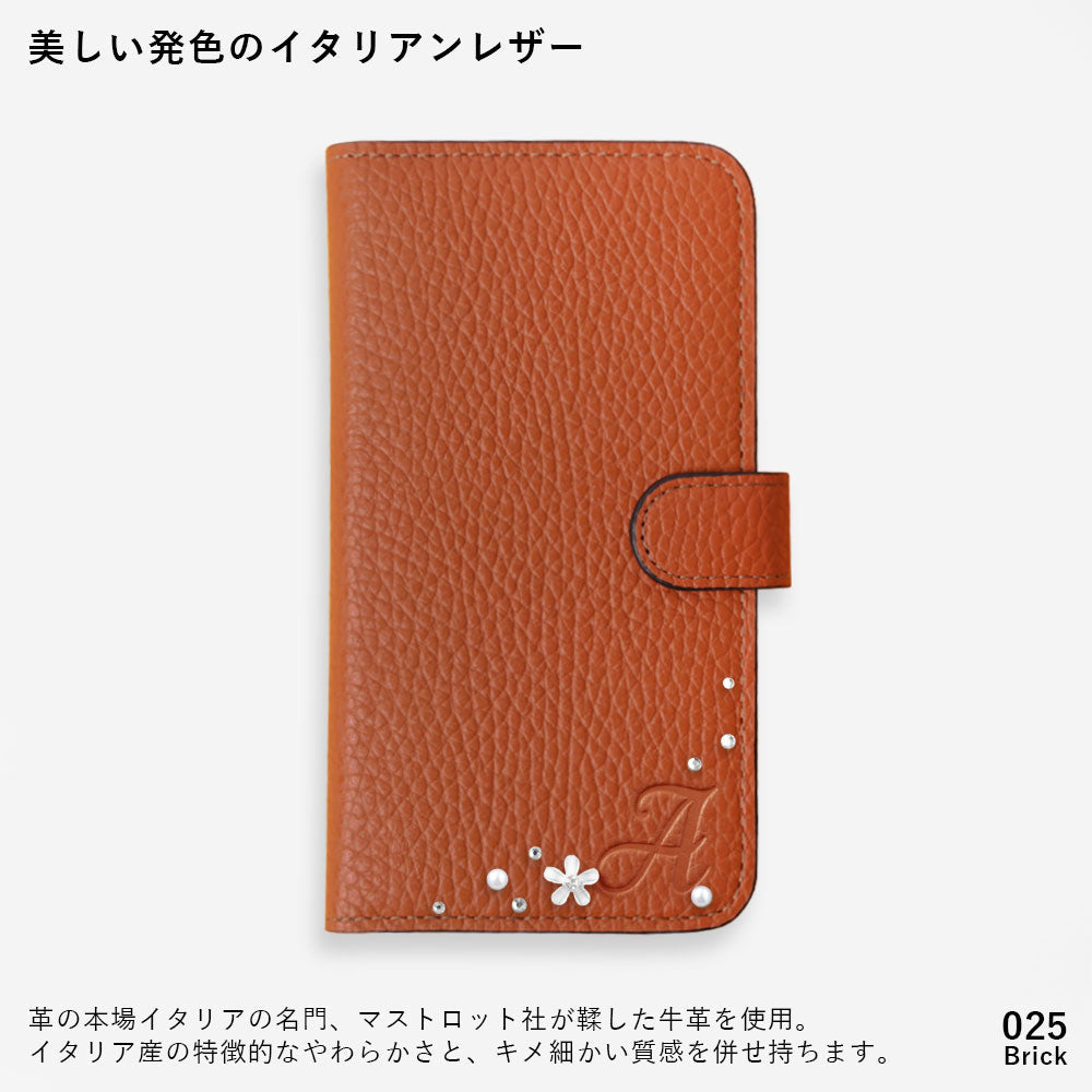 本革 32色 イタリアンシュリンクレザー イニシャル フラワーデコ 手帳型ケース（ベルトあり）Galaxyシリーズ