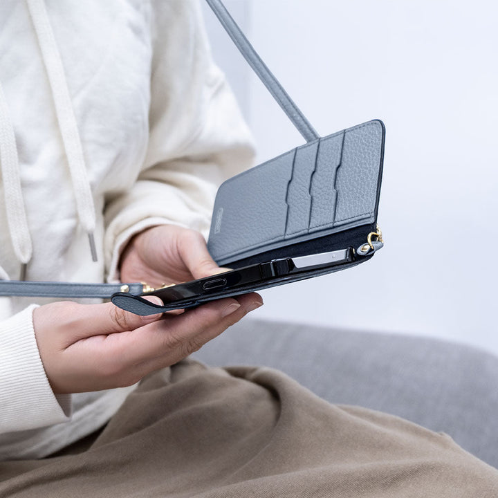 Self-designed shoulder strap wallet case genuine leather 32 colors Italian shrink leather