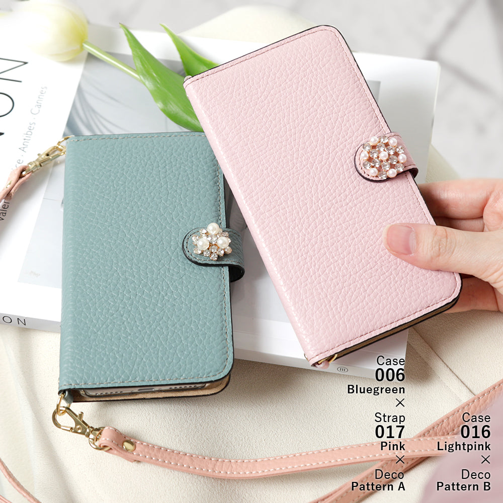 Genuine leather 32 colors Italian shrink leather with shoulder strap Crystal pearl decoration notebook-style case (with belt) AQUOS series