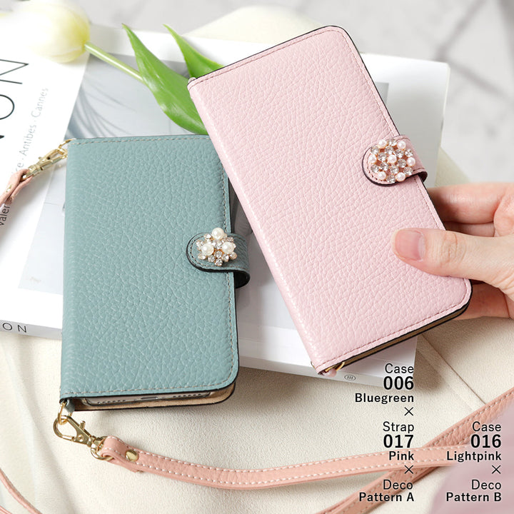 Genuine leather 32 colors Italian shrink leather with shoulder strap Crystal pearl decoration notebook-style case (with belt) AQUOS series